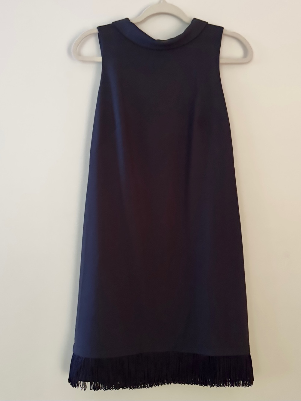 Ann Taylor Classic Black Midi Shift Dress with a fringe hem